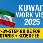 Thumbnail highlighting the step-by-step process for obtaining a Kuwait work visa in 2025 for Pakistani citizens, including details on the KD150 permit fee.